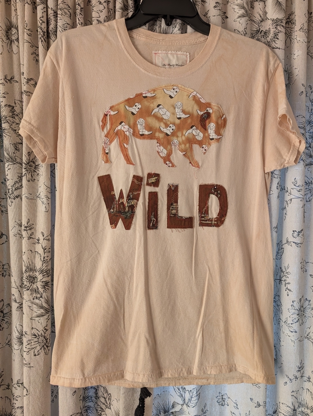 WILD buffalo tee shirt, upcycled tea stained w buffalo cut out, HANDMADE ITEM